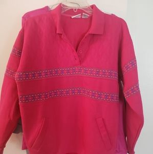 Vintage pink cotton never worn 80's style pullover sweater button neck w collar